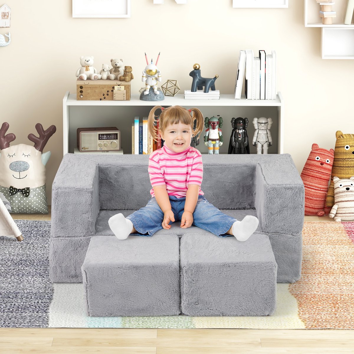 COSTWAY Canapé modulable pour enfants, canapé de jeu en mousse avec housse en peluche COSTWAY Canapé modulable pour enfants, canapé de jeu en mousse avec housse en peluche