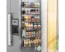 PromoHome Magnetisch Kruidenrek voor Koelkast - 6 Stuks Zwarte Magnetische Planken met 12 Verstelbare Haken - Ruimtebesparende Keukenorganisator voor Kruiden en Keukengerei
