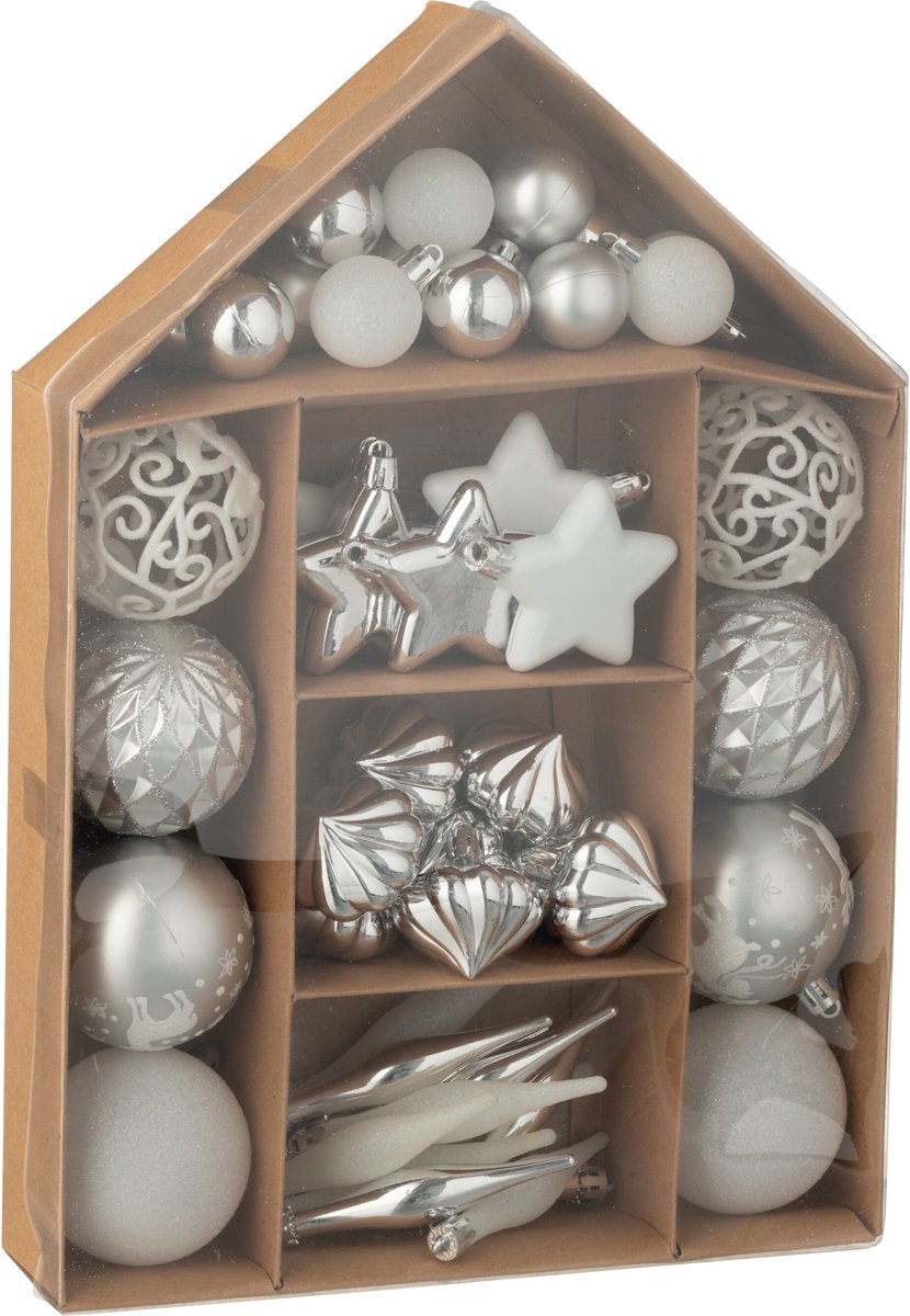 J-Line kerstbal - kunststof - zilver/wit - doos van 50