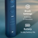 Detail van de donkerblauwe Philips Sonicare elektrische tandenborstel met poetsstanden en batterij-indicator.