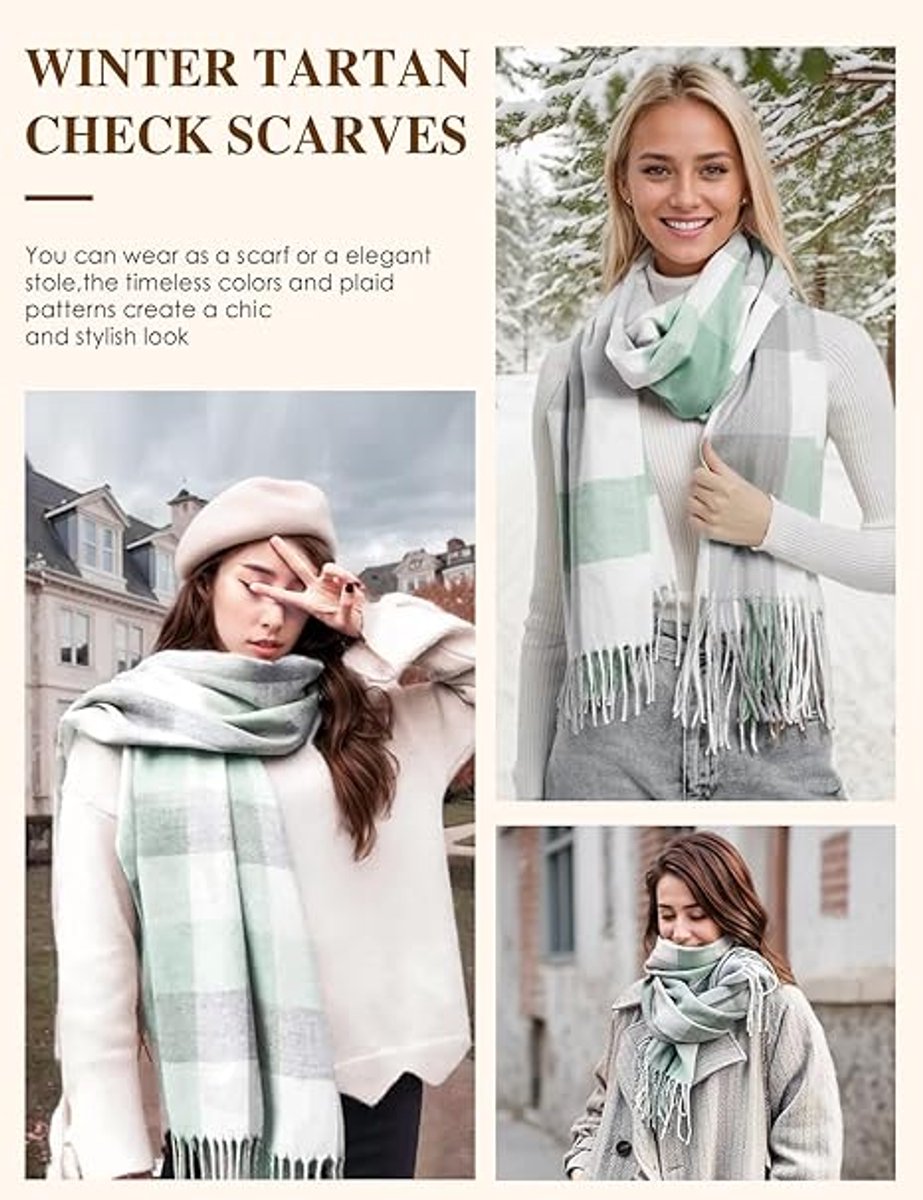 Dames geruit oversized kasjmier sjaal lange zachte wraps dames geruit oversized sjaal lange sjaal voor herfst en winter , groen wit