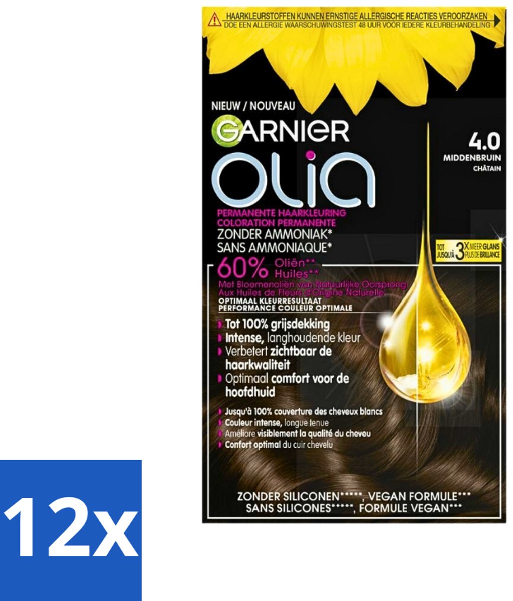 12 x Garnier - Olia 4 - Haarkleuring - Middenbruin - Zonder Ammoniak - 60% Olie - Permanente Kleur - Permanente Haarkleuring - Haarkleur - Garnier Olia - Haarkleuring Zonder Ammoniak - Oliën In Haarkleuring