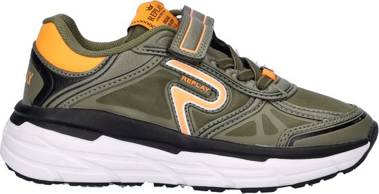 Groene Replay sneaker met oranje 'S' logo en klittenbandsluiting.