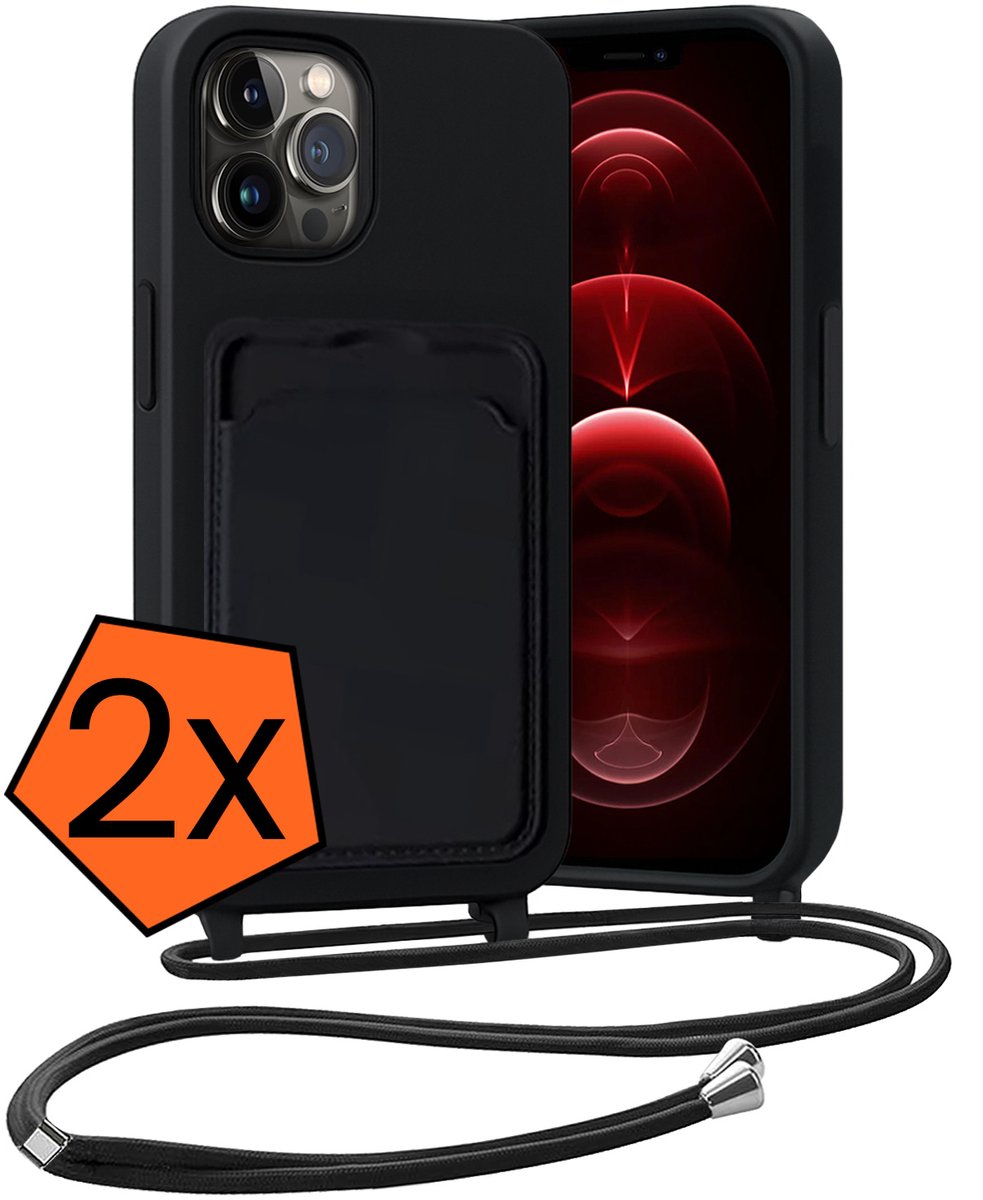 Hoesje Geschikt voor iPhone 13 Pro Max Hoesje Met Telefoonketting Pasjeshouder Case Koord - Hoesje Geschikt voor iPhone 13 Pro Max Hoes Met Kaarthouder - Zwart - 2 PACK