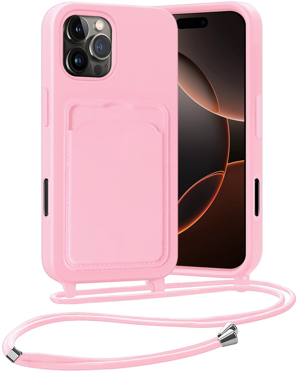 Hoesje Geschikt voor iPhone 16 Pro Hoesje Met Telefoonketting Pasjeshouder Case Koord - Hoesje Geschikt voor iPhone 16 Pro Hoes Met Kaarthouder - Lichtroze