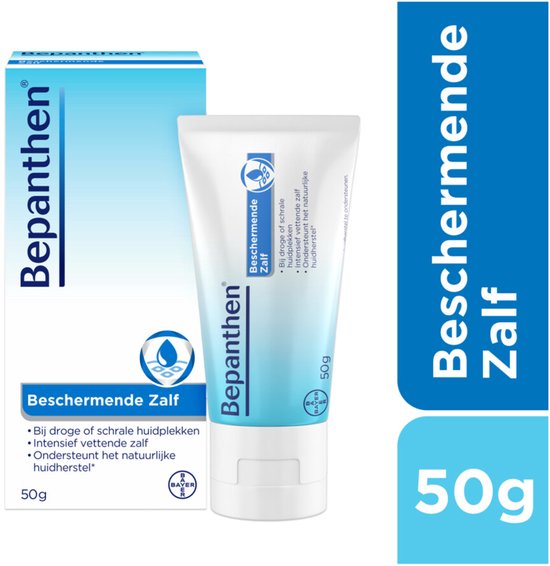 Bepanthen Beschermende Zalf tube en doosje, 50g. Blauwe en witte verpakking met tekst.