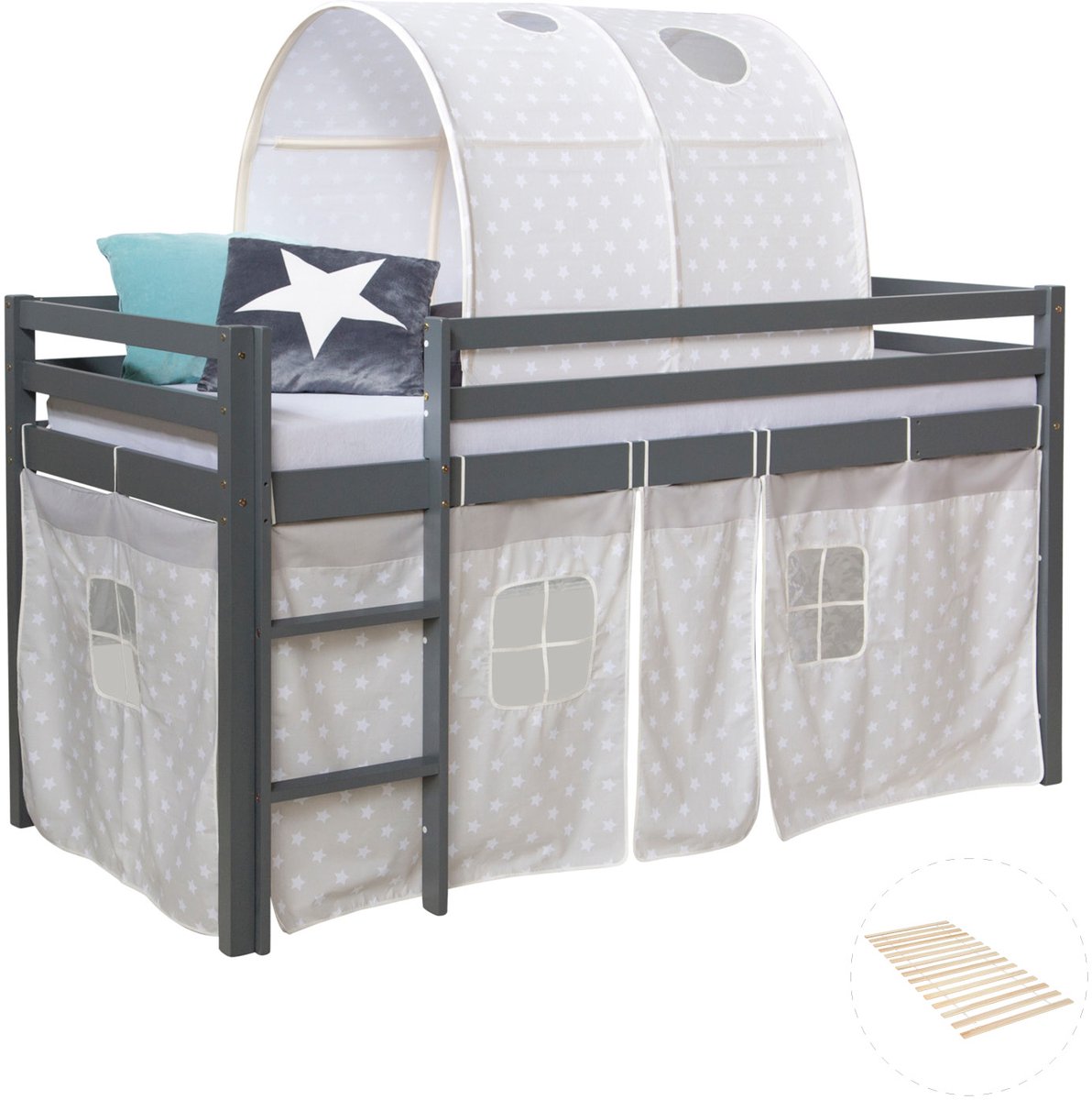 Homestyle4u Hoogslaper - 90x200 cm - Kinderbed - met tunnel - gordijn met sterren - grijs - met lattenbodem