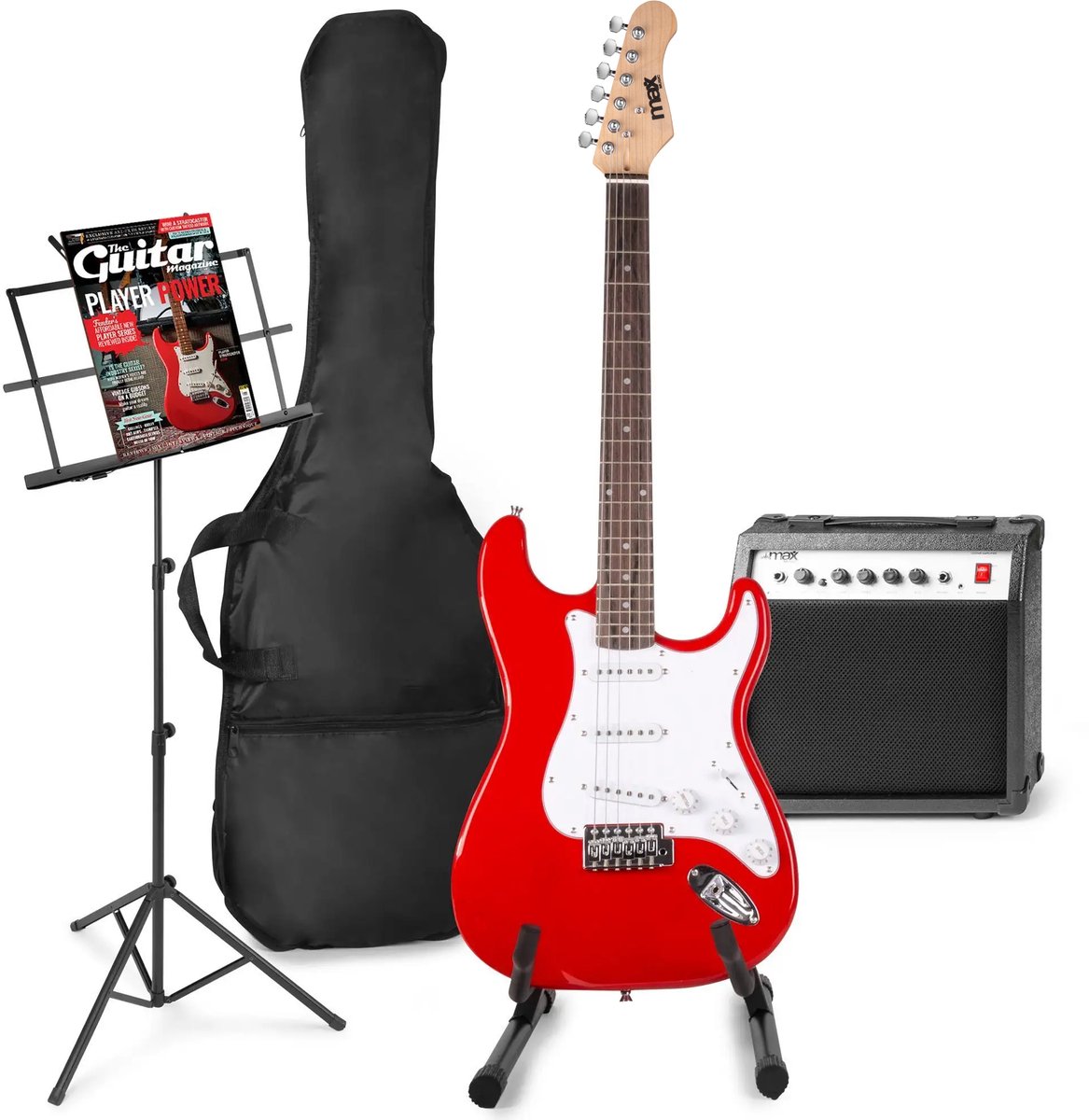 Elektrische gitaar met gitaar versterker - MAX Gigkit - Perfect voor beginners - incl. gitaar standaard muziekstandaard gitaar stemapparaat gitaartas en plectrum - Rood
