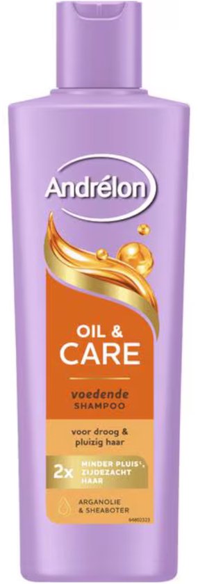 Paarse fles met een oranje etiket met gouden druppels en de tekst 'Andrélon OIL & CARE voedende shampoo voor droog & pluzig haar arganolie & shea boter'.