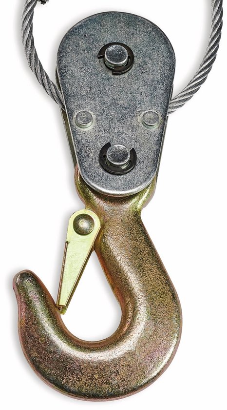 Een metalen katrol met haak en staalkabel, gemonteerd aan een metalen plaat.