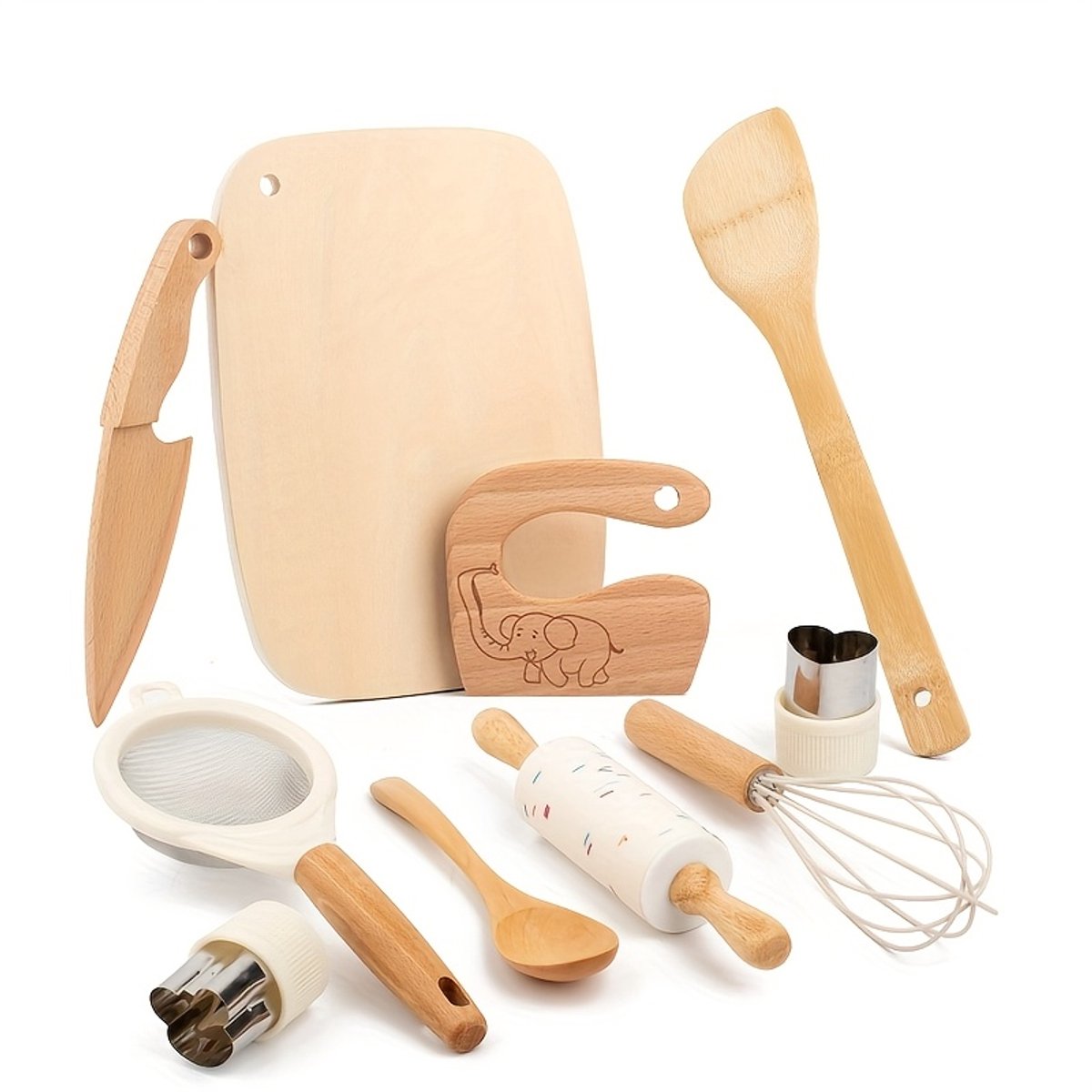 Dutchers® 10-delig Houten Kookgerei set Kinderen - Veilige Messenset – Kindermessen - Educatief Kinderbestek - Messenset Kind - Kinder Koksmes - Snijplank - Keukenschaar - Garde