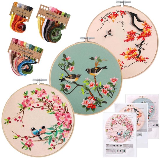 Kit de broderie pour débutants - ensemble de kits de démarrage de broderie - kits de point de croix avec motif de fleurs et d'oiseaux - instructions - toile de broderie - tambours de broderie - fils de couleur - outils - broderie créative