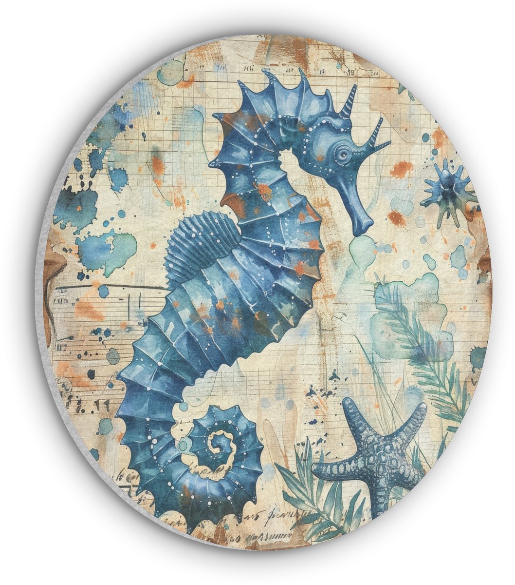 Akoestisch wandpaneel rond 30x30 cm - Vilt schilderij Vintage - Zeedieren - Zeepaardje - Watercolor - Blauw - Ronde akoestische panelen - Geluidsdempende wanddecoratie - Geluidsisolatie wandcirkel - Muurdecoratie geluidspanelen