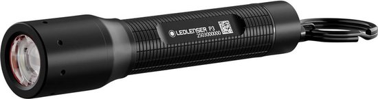 Zwarte Ledlenser P3 zaklamp met sleutelring, voorkant zichtbaar.