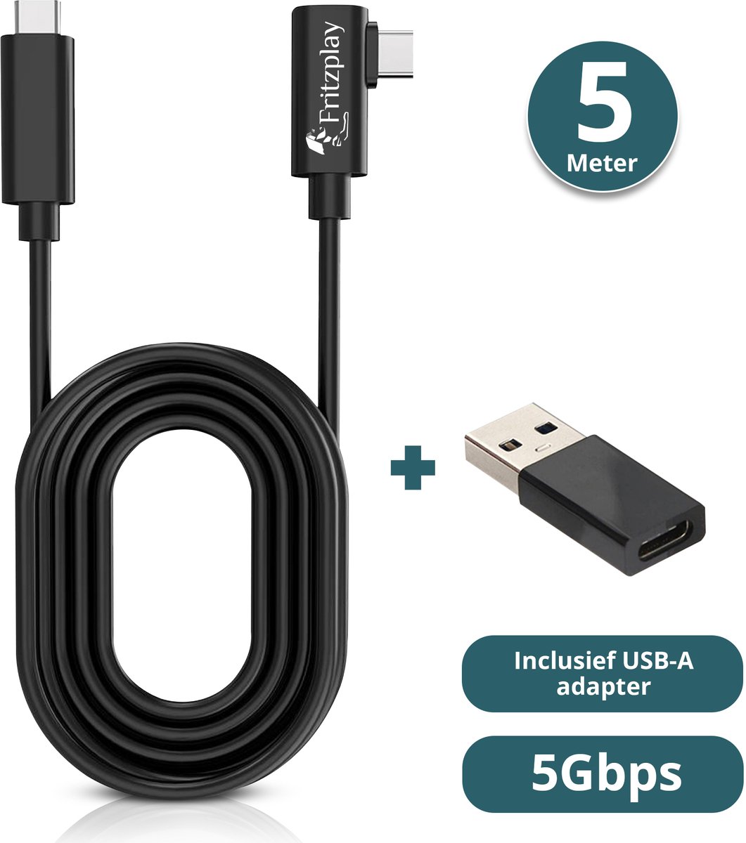Fritzplay© Link Kabel voor Oculus Quest 2 - USB-C to USB-C 3.2 Gen 1 - 5 Meter - Hoge Snelheid Datatransfer - Inclusief Klittenband Kabelbinder