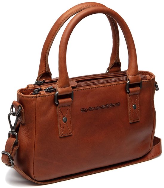 Bruine leren handtas van The Chesterfield Brand met dubbele handvatten en afneembare schouderband.