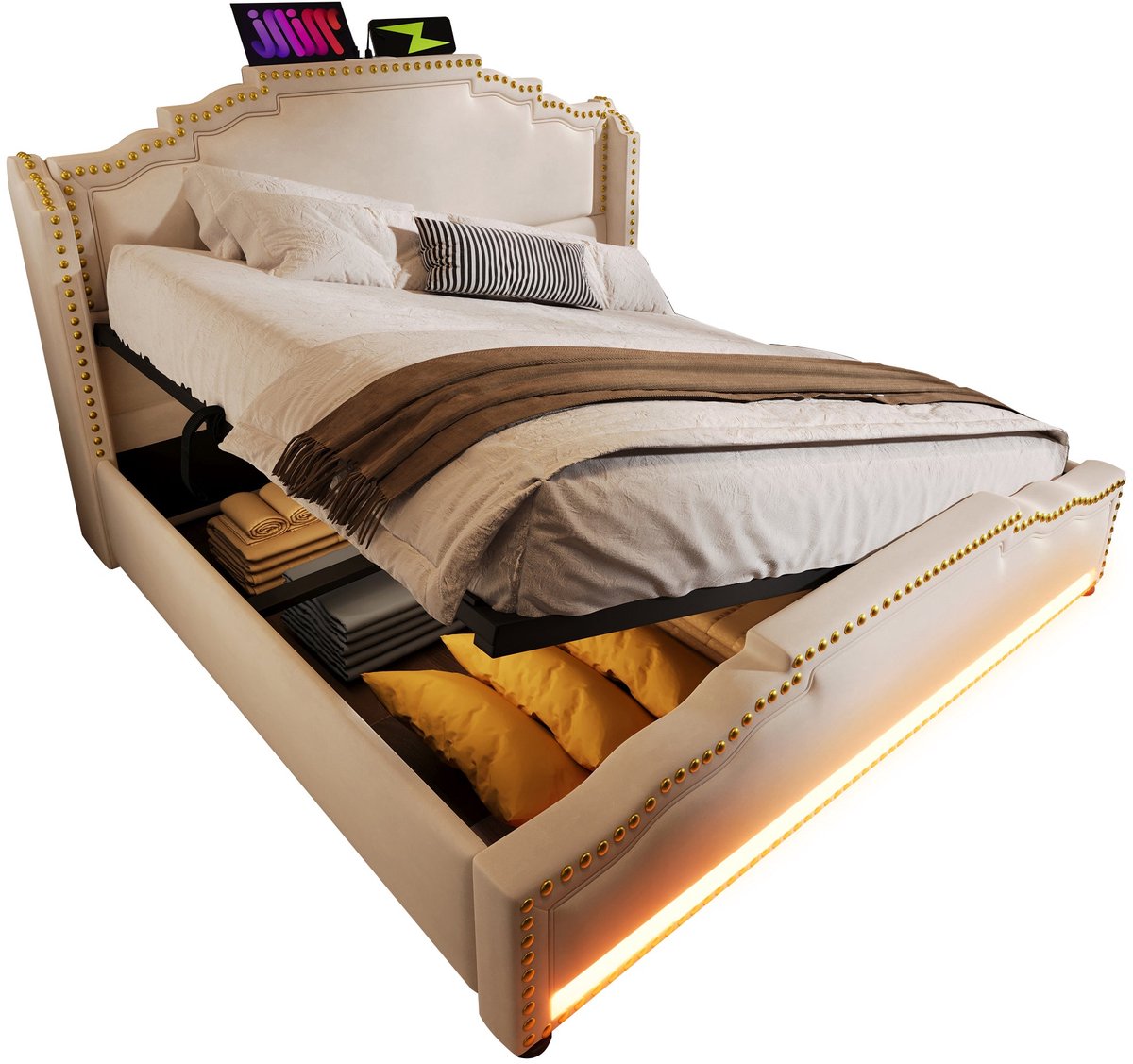 Merax Tweepersoonsbed 140×200 cm – Gestoffeerd Bed met Hydraulische Opbergruimte – LED Verlichting en USB C Oplaadfunctie – Inclusief Lattenbodem en Matras – Beige Fluweel