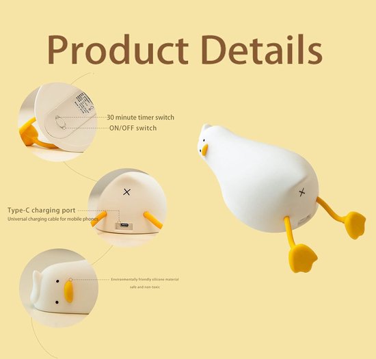 Kinderkamer Nachtlampje - Lazy Duck - Led Dimmer - Kindvriendelijk — afbeelding 2