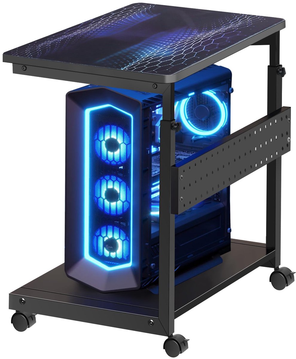 Azomor® Verstelbare CPU-standaard met wielen en extra opbergruimte voor onder bureau