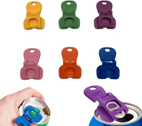 Zes gekleurde blikopeners boven, en twee close-ups van een blauwe en paarse blikopener op een drankblikje.