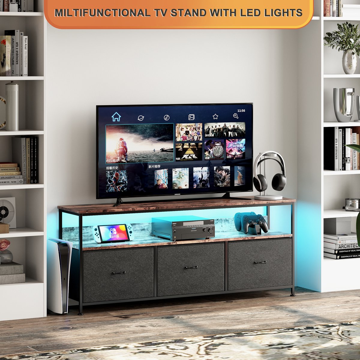 TV-kast, LED-ladenkast met 4 laden voor de slaapkamer, industriële tv-kast met laden, stoffen laden en metalen frame, houten oppervlak voor woonkamer, kinderkamer, gang, rustiek, zwart, 137x29,8x57cm