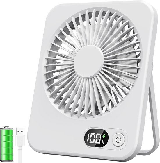 Mini USB bureauventilator met LED-scherm, 5 snelheden, stille oplaadbare ventilator 2500 mAh, draagbaar wit