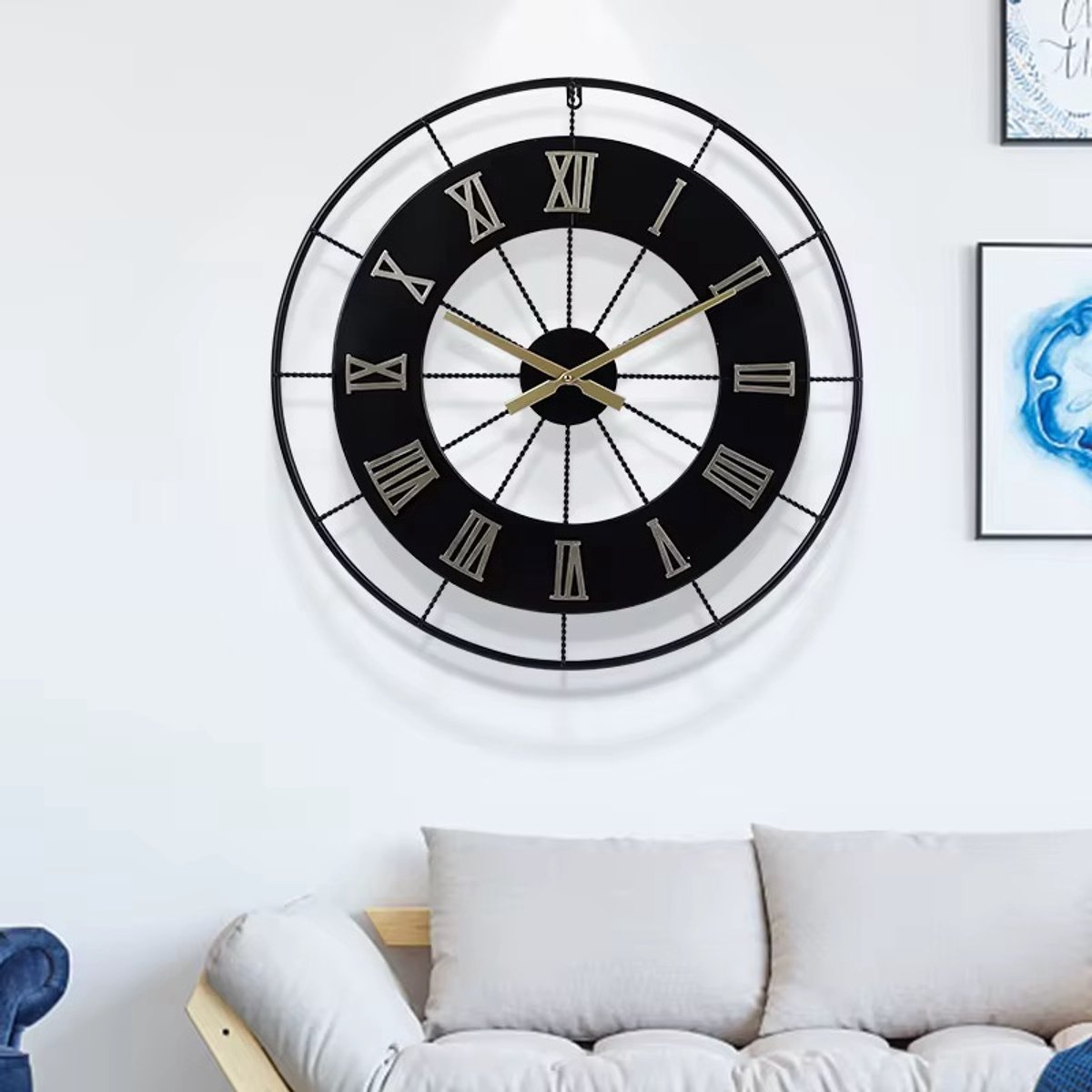 Wandklok metalen wandklok met Romeinse cijfers, versnelling industriële klokken, 60cm/24in stille woondecoratie wandklokken voor woonkamer slaapkamer kantoor keuken muur decor klok, zwart frame