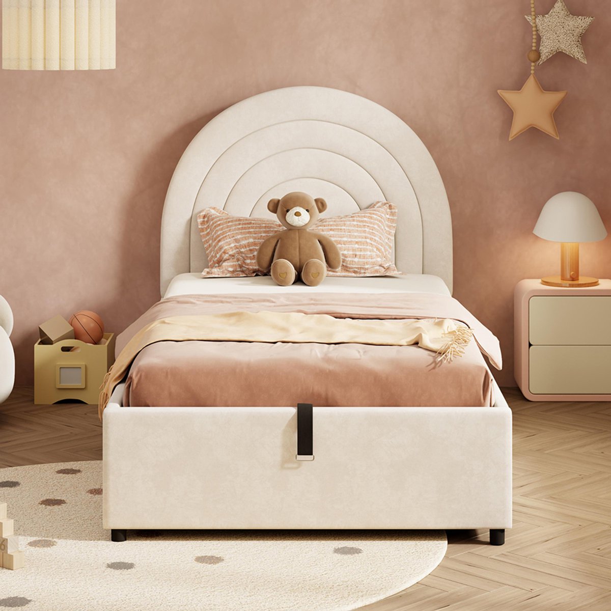 Pugsdrly Gestoffeerd bed 90*200, kinderbed, eenpersoonsbed met lattenbodem en hoofdeinde, tienerbed, geschikt voor volwassenen en tieners, houten latten, eenvoudige montage, fluweel, beige