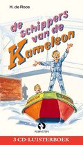 Boekcover 'De Schippers van de Kameleon' met H. de Roos, een jongen in een bootje, en de tekst '3 CD-Luisterboek'.