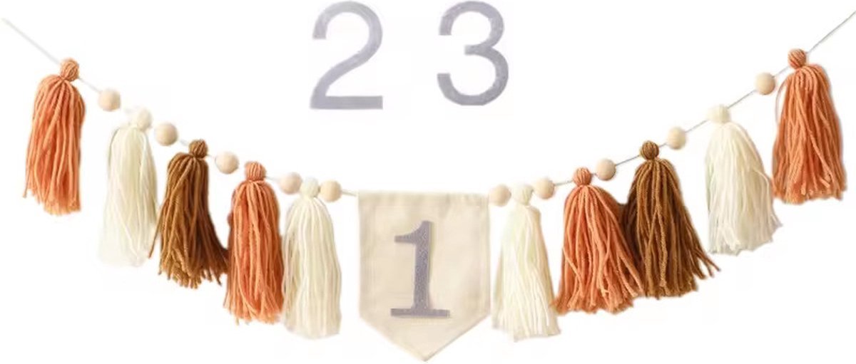 Feestpakket Verjaardag Kindje 1 jaar, 2 jaar, 3 jaar - Aardetinten en Hout - Verjaardagskroon - Verjaardagsslinger met Tassels - Toverstafje - Happy Birthday Houten Bord - Taarttopper — afbeelding 15