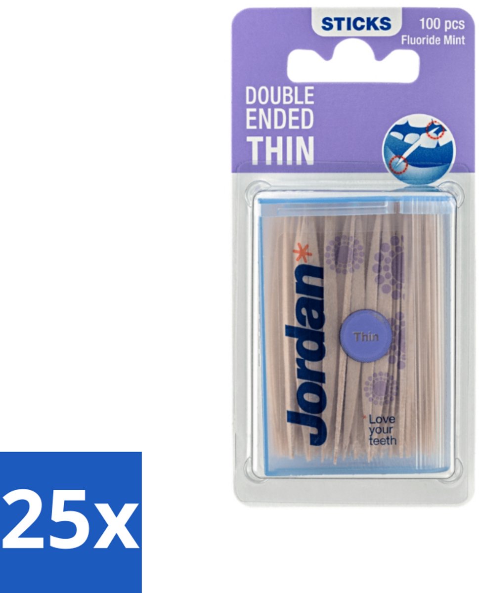 25 x Jordan Tandenstokers Double Ended Thin 100 stuks per verpakking - Tandenstokers - Interdentale Ruimte - Tanden Reinigen - Fluoride - Mintsmaak