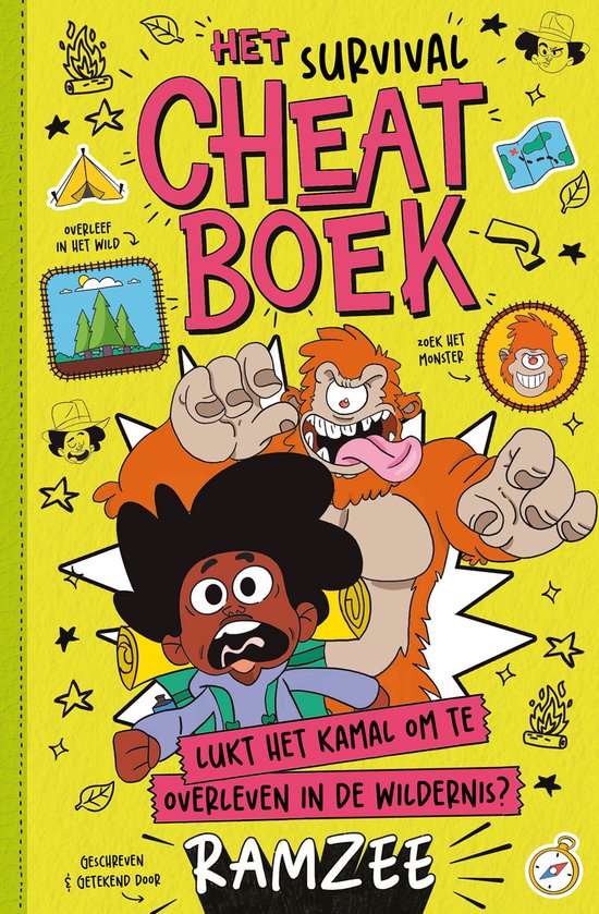 Het Survival Cheatboek: Een jongen met een rugzak rent weg van een monster. Geïllustreerd met kampeer- en natuurelementen.