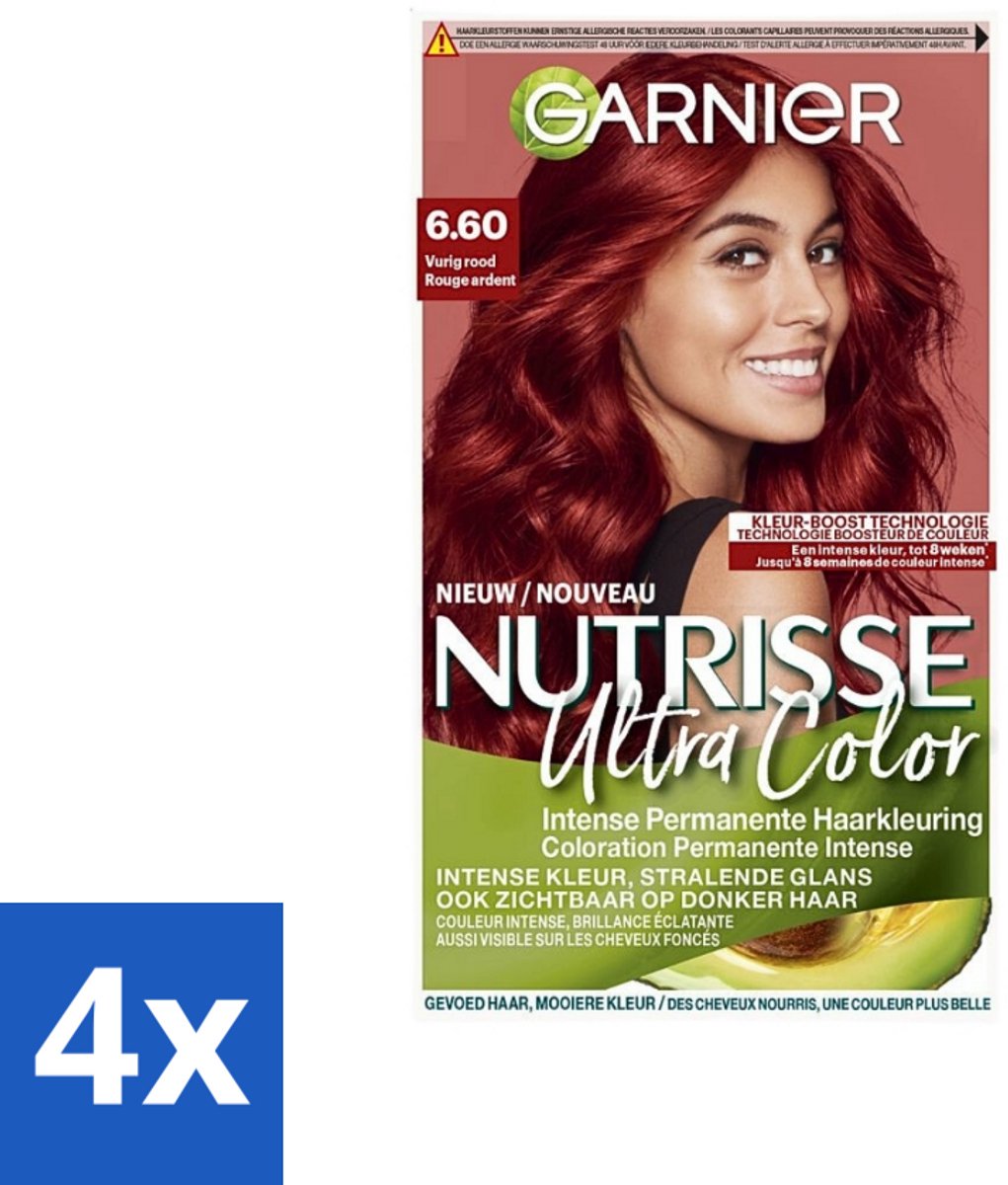 4 x Garnier - Nutrisse Ultra Color 6.60 - Haarkleuring - Vurig Rood - Voedend - Permanente Kleur - Haarverf - Permanente Haarkleuring - Nutrisse Ultra Crème - Grijsdekking - Voedende Haarkleuring