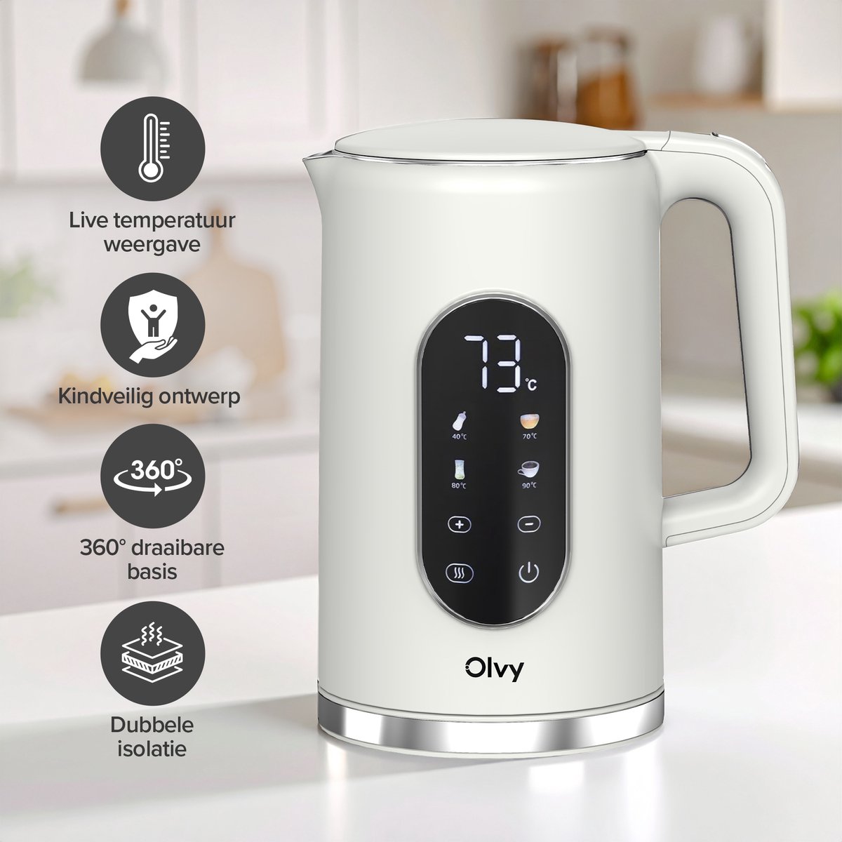 Olvy Waterkoker met Temperatuurregeling - Crème - Warmhoudfunctie - RVS - Dubbelwandig - Elektrisch - 1.7 Liter - 2200W — afbeelding 2