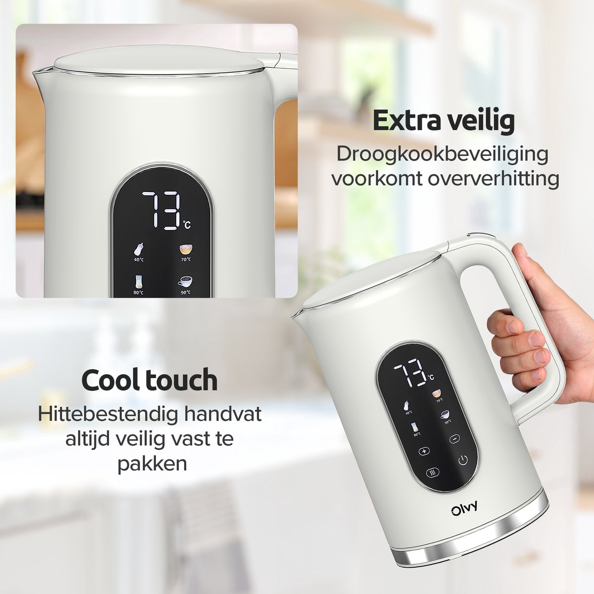 Olvy Waterkoker met Temperatuurregeling - Crème - Warmhoudfunctie - RVS - Dubbelwandig - Elektrisch - 1.7 Liter - 2200W — afbeelding 6