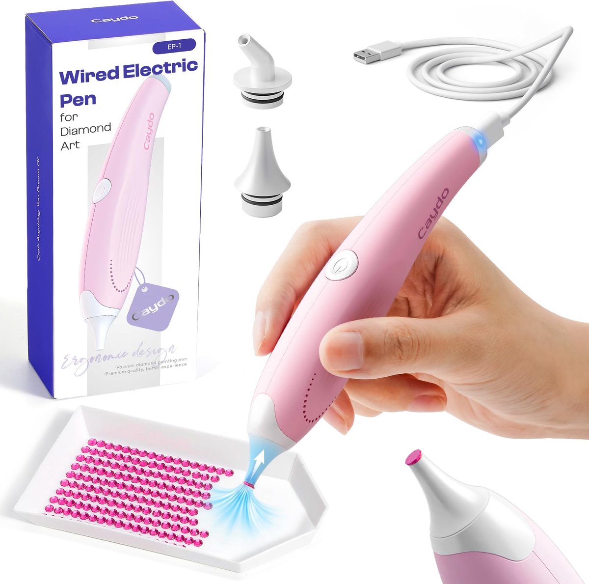 Elektrische Diamond Painting Pen - Bedraad Ergonomisch Met Meerdere Opzetstukken Zonder Wax - Voor het plaatsen van AB-diamanten - Roze