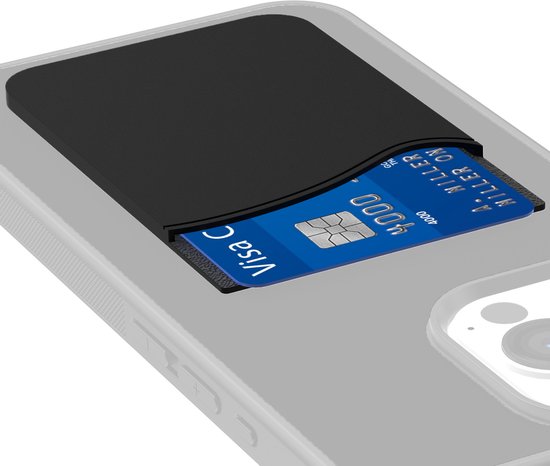 Detailopname van een zwart telefoonhoesje met een kaarthouder waarin een Visa creditcard is geplaatst. De randen zijn doorschijnend.