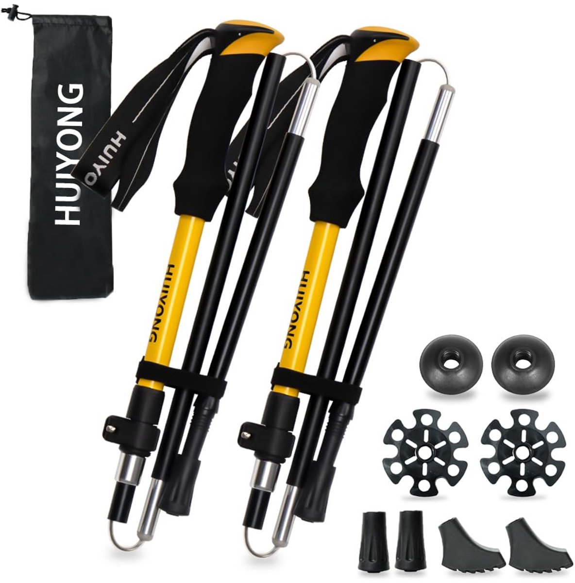 HUINING Wandelstokken | Opvouwbare Telescopische Wandelstokken | Nordic Walking Stokken voor Heren en Dames | Trekkingstokken | Ultralichte Aluminium Trekkingstokken met Veel Accessoires | 115-135cm | Geel