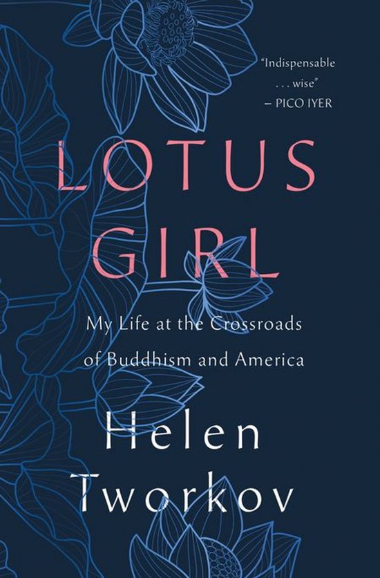 Livre 'Lotus Girl' avec des fleurs de lotus bleues et des feuilles sur fond bleu foncé. Titre 'LOTUS GIRL' en rose et blanc.