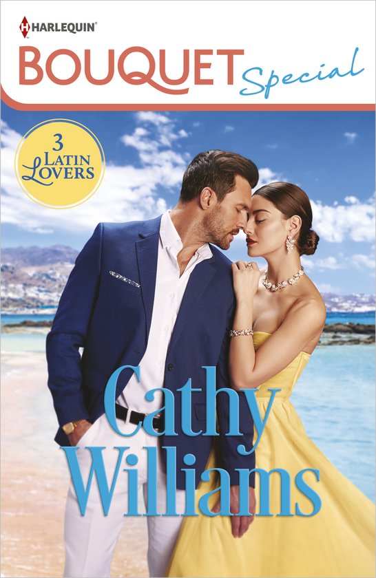 Een man in een blauw pak met witte broek omhelst een vrouw in een gele jurk, met strand en zee op de achtergrond. "3 Latin Lovers" en "BOUQUET Special" op de cover.