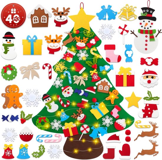 Vilten kerstboom met vilten sneeuwpop, 102 cm DIY kinderkerstknutselset Kerstboom met 40 stuks verwijderbare ornamenten hangende decoratie decoratie voor huis deur muur-kerstdecoratie voor thuis