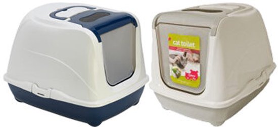 Twee kattenbakken naast elkaar, één wit/donkerblauw en één wit/grijs.
