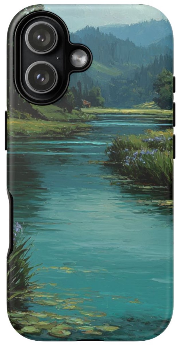 Blauwe Irissen bij Rustige Rivierlandschap – Telefoonhoesje Geschikt voor iPhone 17