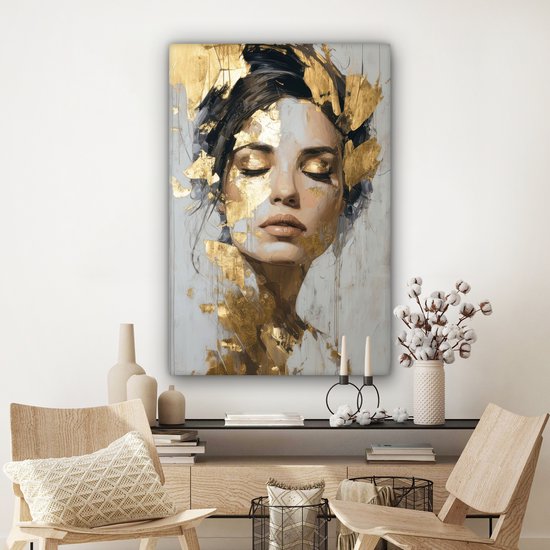 Peinture sur toile 80x120 cm - Décoration murale Gracieuse - Femme - Or - Yeux - Décoration murale salon - Décoration chambre - Accessoires chambre - Peintures sur toile
