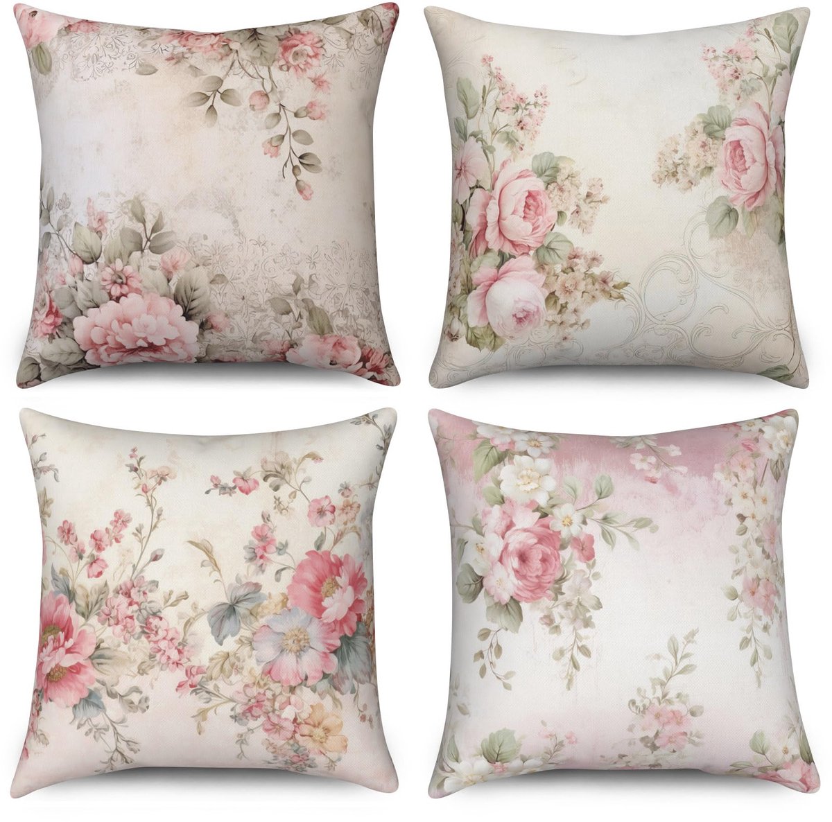 Azomor® Set van vier decoratieve kussenhoezen met retro bloemenpatroon voor binnen en buiten