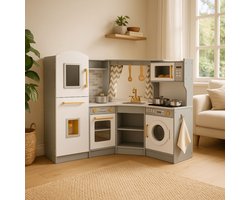 Maxx kidz - Houten Speelgoed Keuken Met Hoek - Complete Speelkeuken - Grijs Keukentje - Stevige Kinderkeuken met Accessoires - Speelgoedkeuken met Licht, Geluid en Pannetjes
