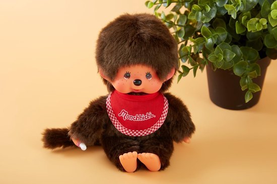 Originele Monchhichi jongen - Bruin pluche met rood slabbetje, 20 cm van Monchhichi — afbeelding 2