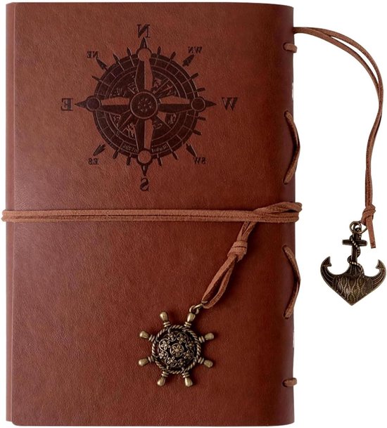 GlobeeCraft Reisdagboek van leer met stalen bladdecoratie, katoenpapier GlobeeCraft Reisdagboek van leer met stalen bladdecoratie, katoenpapier