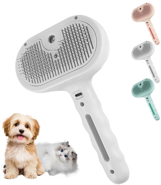 Stoomborstel voor huisdieren voor honden, katten en honden, huisdierontharing, ingebouwde mistbevochtiger, met één-klik-ontgrendelingsknop, gemakkelijk schoon te maken, wit