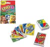 UNO Junior kaartspel met doosje, stapels kaarten en kaarten met dieren: aap, panda, neushoorn, leeuw, tijger.